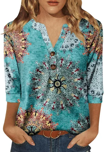 Vista 11 de Dimur Camisetas de manga 3/4 con cuello en V y botones para mujer, traje casual de negocios, camiseta básica de verano 2025