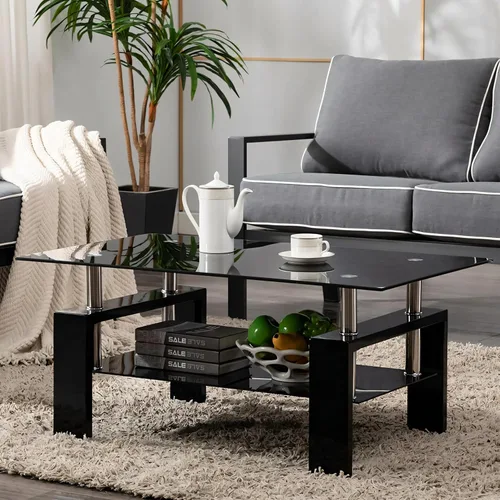 Vista 7 de Mesa de centro de cristal, mesa central rectangular de 2 niveles