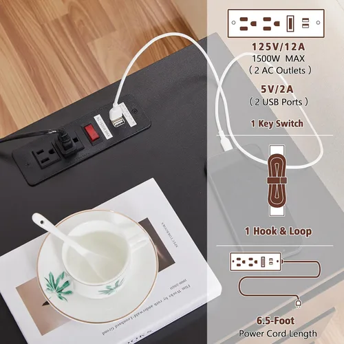 Vista 5 de Yaheetech Juego de 2 mesitas de noche, mesita de noche con estación de carga, armario de almacenamiento de 3 cajones con 2 puertos USB y tomas