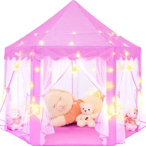 Vista 10 de Tienda de campaña de princesa púrpura para niñas, tienda de campaña para niños con luces LED de estrellas pequeñas, tienda de casa