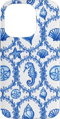 Vista 17 de iPhone 16 Coastal Granddaughter Blue Shells Starfish Seahorse Preppy Case
