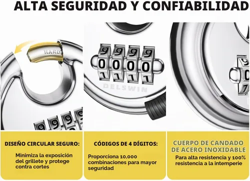 Vista 4 de DELSWIN - Candado de combinación de 4 dígitos con grillete de acero endurecido, candado de combinación para cobertizos, casillero de gimnasio, área