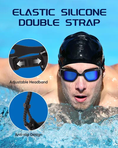 Vista 6 de Gafas de natación, gafas para adultos con gorro de natación, clip de nariz y tapones para los oídos, protección UV, lente antivaho y funda