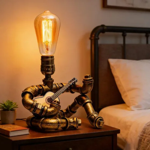 Vista 7 de Lámpara de mesa de guitarra musical, lámpara de mesa robot de guitarra steampunk, lámpara steampunk de guitarras retro, lámpara de robot de tubo