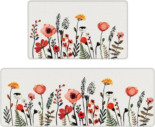 Vista 8 de Tapetes de cocina para piso, 2 piezas, color crema, flores coloridas, mariposas, tapetes de cocina para frente del fregadero, alfombras de cocina