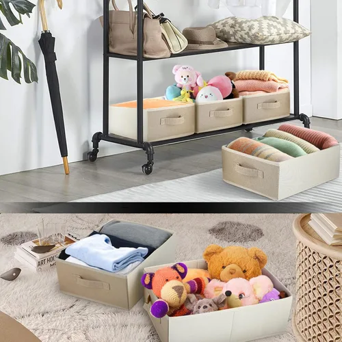 Vista 7 de Cajas de almacenamiento decorativas para organizar la ropa en un aparador, juego organizador de tela plegable con asas para ropa de cama, ropa