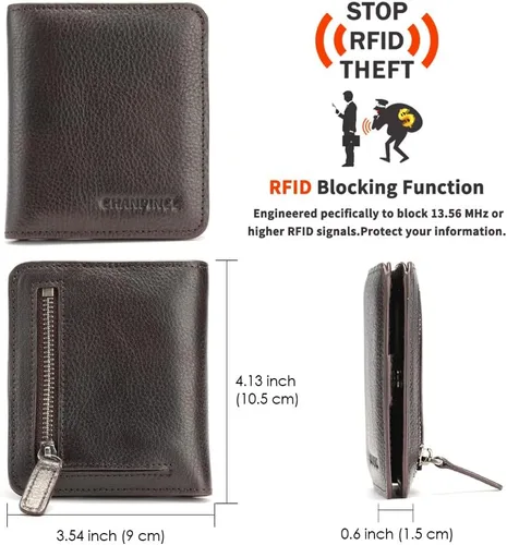 Vista 2 de Cartera de cuero con cremallera para hombre, con bloqueo RFID, mini billetera portátil con múltiples ranuras para tarjetas para billetes, Café