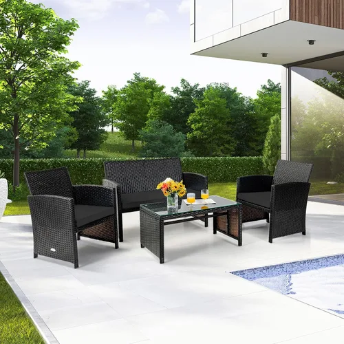 Vista 2 de Tangkula Juego de muebles de ratán de 4 piezas, juego de conversación al aire libre con silla, sofá biplaza y mesa de centro de vidrio templado
