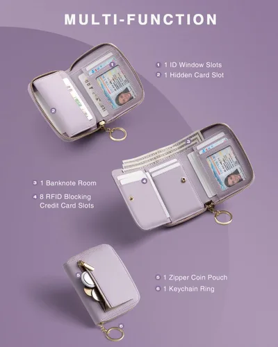 Vista 2 de Vulkitty Cartera pequeña para mujer con bloqueo RFID con cremallera alrededor de la funda triple compacta de cuero para tarjetas con bolsillo
