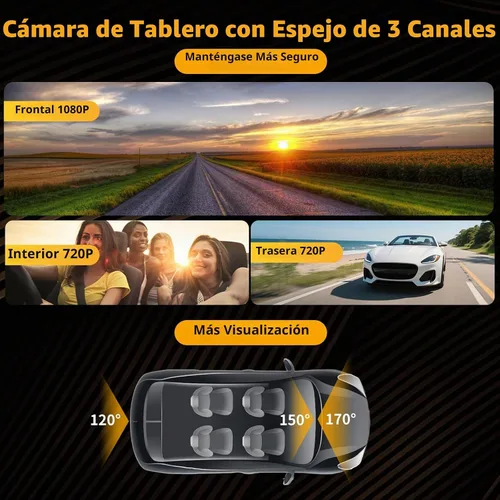 Vista 2 de Cámara de tablero WiFi de 3 canales de 9.66 pulgadas con cámara frontal y trasera, pantalla táctil IPS, triple cámara de espejo retrovisor