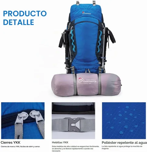 Vista 6 de MOUNTAINTOP Mochila de marco interno de 80L para hombre y mujer Mochila de senderismo con cubierta de lluvia Azul-80L