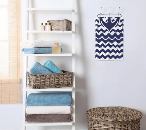 Vista 4 de AOYEGO Anchor - Toallas de mano náuticas azul marino en rayas onduladas cheurón altamente absorbentes, toallas suaves para baño, playa, cocina, spa