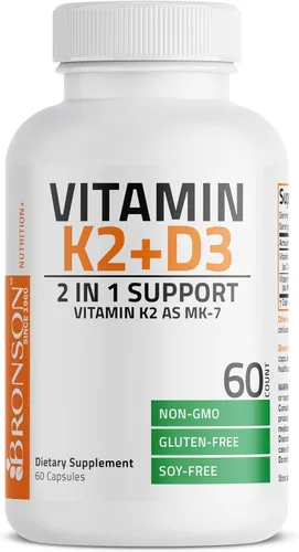 Vista 5 de Bronson Suplemento de Vitamina K2 D3 (MK7) Fórmula No-GMO Vitamina D3 5000IU (125 mcg) y 90 mcg K2 MK-7, Complejo D y K Fácil de Tragar, 60 Cápsulas