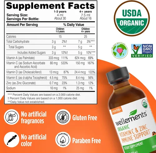 Vista 3 de Wellements Jarabe orgánico de apoyo inmunológico para niños con vitamina C y zinc durante más de 2 meses (4 onzas líquidas) Apoyo inmunológico*