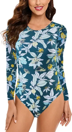 Vista 2 de Traje de baño de manga larga para mujer, traje de baño de una pieza con estampado floral sin espalda