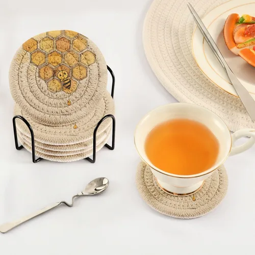 Vista 5 de Cute Bees - Juego de 6 posavasos de algodón vintage con soporte para mesa de café Posavasos para mesa
