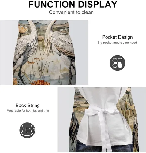 Vista 6 de MUSM Apron for Adults - 27.6 X 31.5 Inch, Heavy-Duty Polyester Aprons with Two Large Pockets, Waterproof Two Cranes Painting Kitchen Apron for