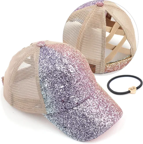 Vista 16 de C.C Gorra de béisbol de malla con diseño de estrella brillante, gorra de camionero ajustable para moño o cola de caballo Una banda elástica-negro