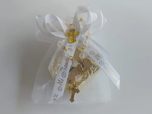 Vista 2 de Bolsas de organza Mi bautizo con mini biblia llaveros para recuerdo 12 piezas