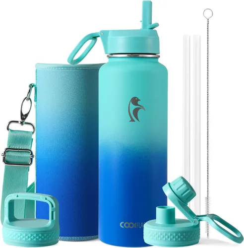 Vista 29 de Coolflask Botella de agua de 20 onzas aislada con pajilla, 3 tapas de metal de acero inoxidable, botella de agua de boca ancha para deportes u