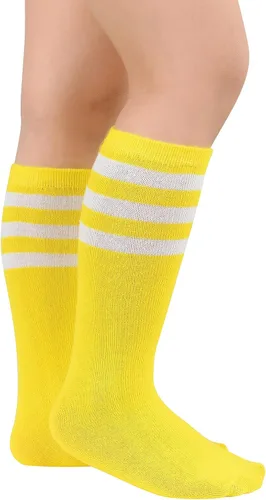 Vista 2 de Komorebi Calcetines de fútbol para niños, calcetines de tubo hasta la rodilla, calcetines de tres rayas de algodón, uniforme deportivo para niñas