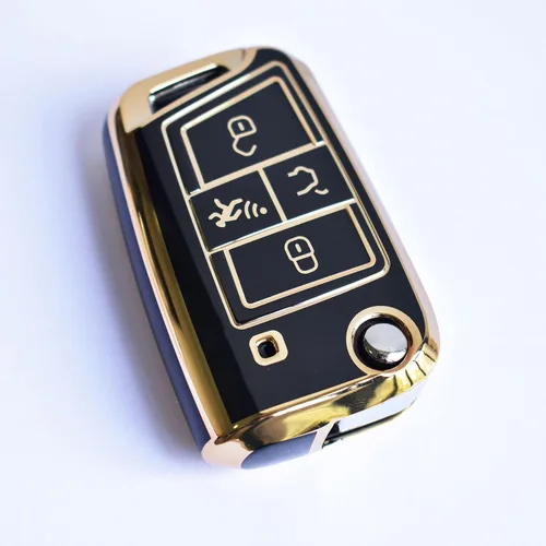 Vista 4 de SANRILY Golden-Edge - Funda para llavero de 4 botones para VW Tiguan Golf Jetta Polo Atlas Skoda de protección completa sin llave con llavero
