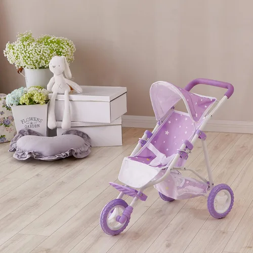 Vista 4 de Olivia's Little World Cochecito de Muñeca Bebé estilo jogging con toldo, cinturón de seguridad y espacio de almacenamiento, morado y blanco