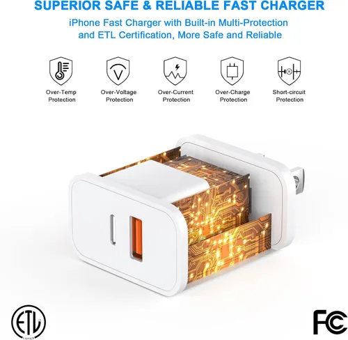 Vista 3 de Matsusho Cargador para iPhone 15 de carga rápida, 2 unidades de 20 W de doble puerto PD+QC3.0 bloque de cargador de pared con cable de carga USB C a