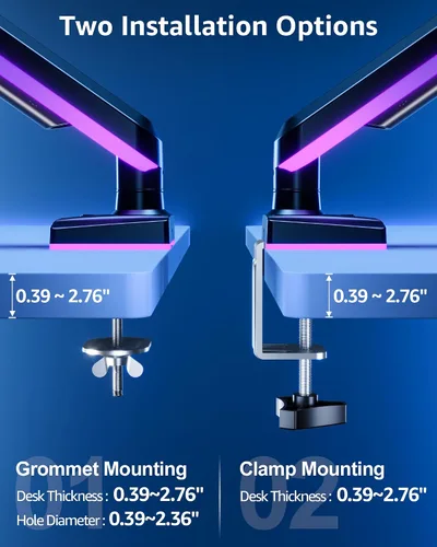 Vista 3 de MOUNTUP Brazo de monitor único RGB para 32, 27, 24, 22 pulgadas, soporta pantallas de 4.4 a 22 libras, soporte de monitor para escritorio con luces