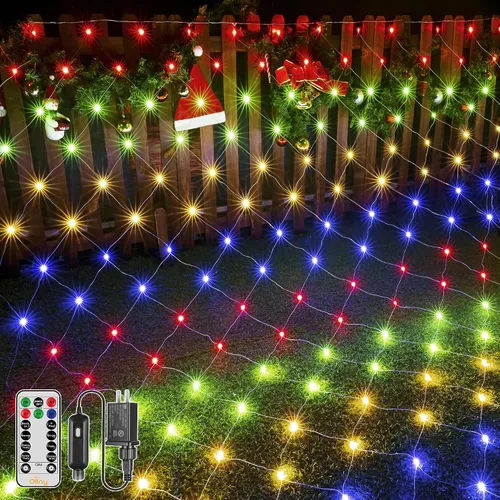 Vista 11 de Ollny Luces de Red para Exteriores Luz de Malla, 210 LED de 10 x 7 pies, cable verde, luces de red de Navidad, IP67 impermeable, 8 modos enchufable