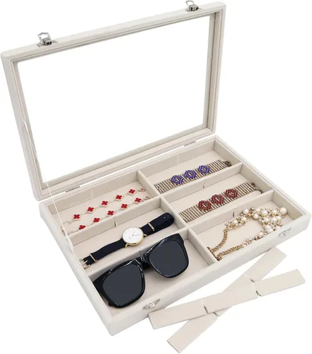 Vista 5 de Stratalife Organizador de joyas, organizador de pulseras, caja de almacenamiento apilable de 12 rejillas con tapa, joyero de terciopelo para cajón