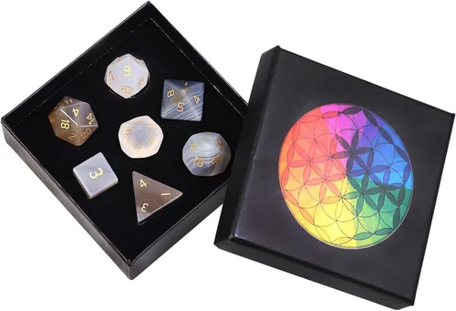 Vista 17 de Nupuyai Juego de dados poliédricos D&D de cristal de cuarzo rosa curativo con caja para Calabozos y Dragones, juego de 7 dados de mesa para RPG MTG