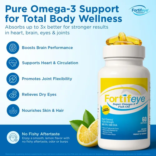 Vista 2 de Fortifeye Super Omega-3 Aceite de pescado – 60 unidades – 1600 mg EPA + DHA – Triple fuerza ultra puro rTG Omega-3 concentrado y purificado por