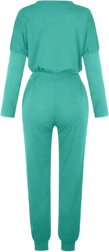Vista 5 de Conjuntos de 2 piezas para mujer, cuello redondo, manga larga, pantalones largos, conjuntos de descanso con cordón para correr