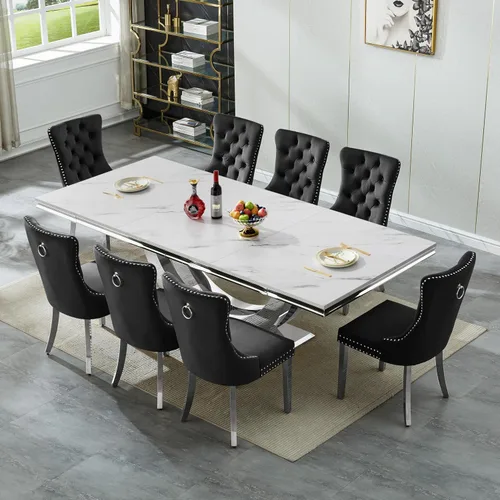 Vista 45 de SSLine Juego de mesa de comedor de mármol sintético blanco de 68 pulgadas