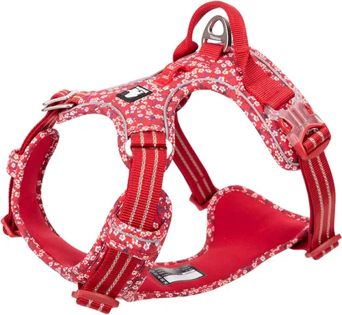 Vista 8 de TRUE LOVE Arnés ajustable sin tirones con clip frontal para perro, reflectante, cómodo, duradero, suave, algodón, chaleco floral con asa TLH5655