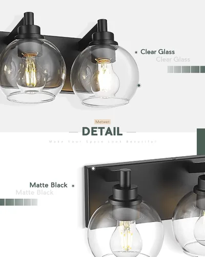 Vista 3 de Accesorios de iluminación de baño, luz de tocador mate negra de 2 luces, apliques de pared modernos con pantalla de globo de vidrio transparente