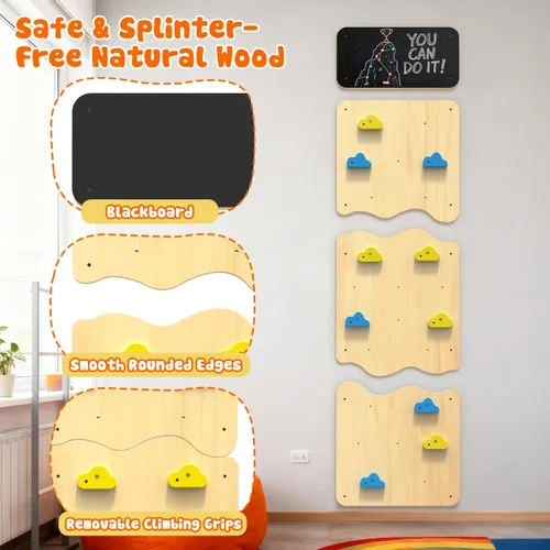 Vista 3 de Pared de escalada de madera para niños, paneles de pared de escalada interior con 12 soportes de roca, juguete de escalada Montessori para sala