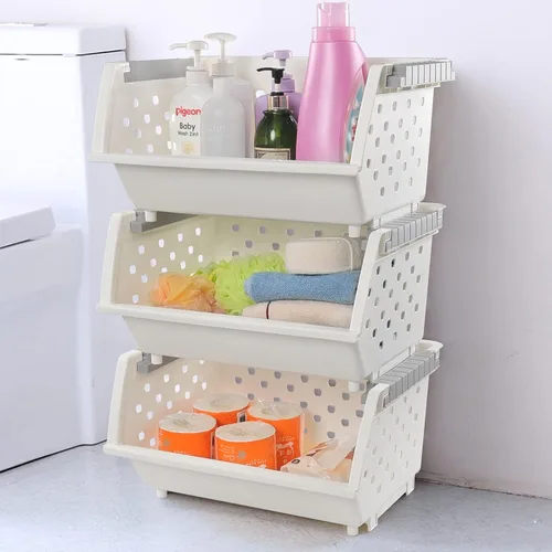 Vista 6 de Bringer Paquete de 4 cestas de almacenamiento apilables de plástico, cesta organizadora apilable de cocina, color blanco Stackable Storage Basket