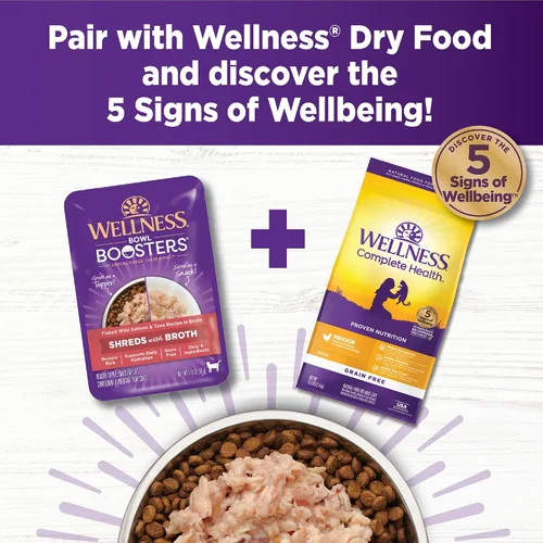 Vista 7 de Wellness Bowl Boosters Shreds with Broth Wet Cat Food Topper, sin granos, natural, receta de pollo, 1.75 onzas, paquete de 12 bolsas