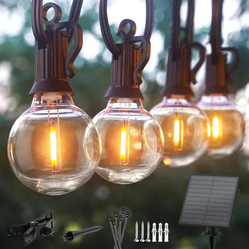Vista 17 de Minetom Tira de luces solares de 34 pies para exteriores con control remoto, luces de patio con 10 bombillas LED inastillables y ganchos, enchufe