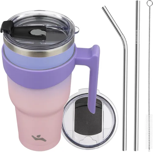 Vista 39 de Konokyo - Vaso de 10 onzas con asa y 2 popotes, 2 tapas, botella de agua aislada de acero inoxidable, taza de viaje reutilizable, color verde militar