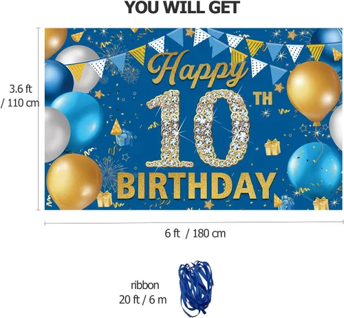 Vista 2 de Cartel de fondo de decoración de cumpleaños número 10, decoración de feliz cumpleaños 10 para niños, fondo de fotografía de cumpleaños azul, cartel
