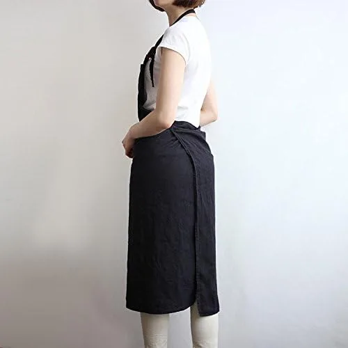 Vista 2 de Delantal de lino de 4 colores, unisex ajustable fácil cuidado casa simple largo delantal negro