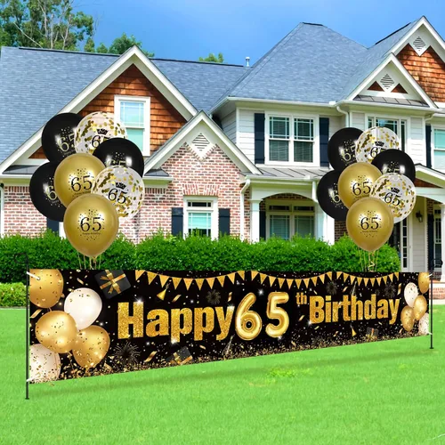Vista 2 de Decoraciones de cumpleaños número 65 para hombres y mujeres, cartel negro y dorado para patio y 18 globos de feliz cumpleaños para suministros