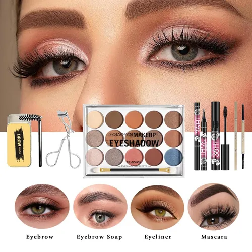 Vista 5 de Kit completo de maquillaje de 34 piezas todo en uno para mujeres, incluye paleta de sombras de ojos, barra de contorno, jabón para cejas, juego