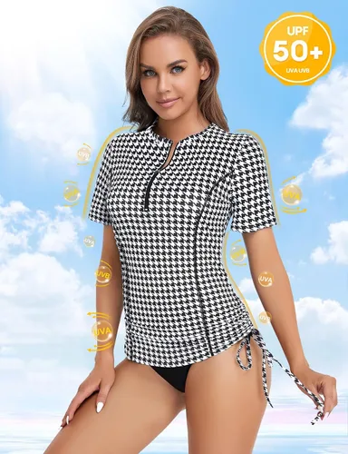 Vista 2 de LURANEE Camiseta de protección contra erupciones de manga corta para mujer, UPF 50+ lateral, ajustable, traje de baño, tallas S-XXL