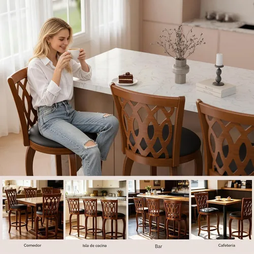 Vista 7 de Juego de 4 taburetes de bar giratorios de 24 pulgadas de altura de mostrador para isla de cocina, taburete de estilo granja con respaldo y Marrón