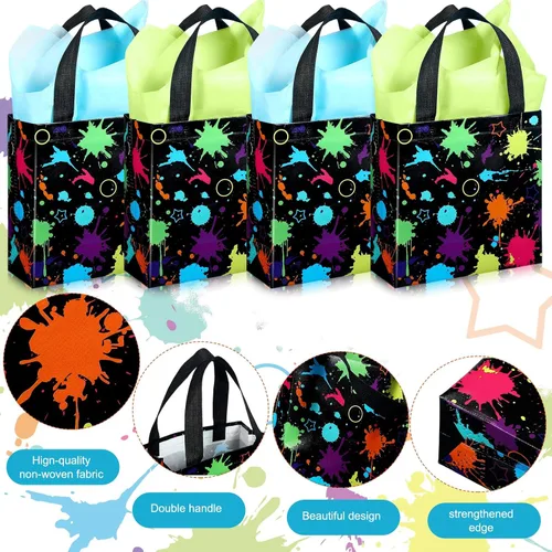 Vista 3 de Sanwuta 24 Bolsas de Favor de Neón Brillantes con Papel de Seda que Brillan en la Oscuridad Suministros de Fiesta Sin Tejer Bolsas de Regalo