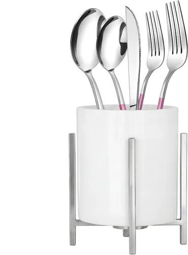 Vista 11 de Organizador de cerámica para cubiertos, soporte redondo para utensilios, soporte para utensilios de cocina para encimera, taza de cerámica con borde